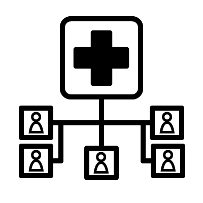 A cross indicating health, connected by lines to a group of stick figures.